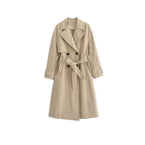 Women's Casual Double Breasted Long Trench Coat With Belt Lapel Loose Windproof Streetwear Woven Outerwear Jacket