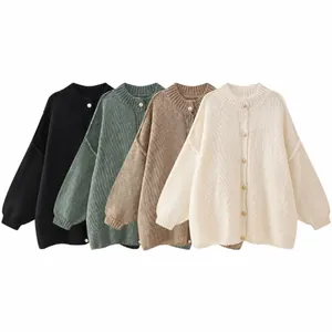 Women Casual Chunky Knit Cardigan Sweater Crew Neck Loose Fit Drop Shoulder Solid Color Metal Buttons Soft Warm Knitwear