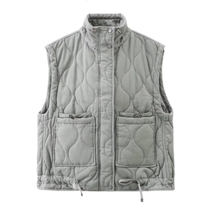 Women's light grey quilted gilet with stand collar and functional cargo pockets