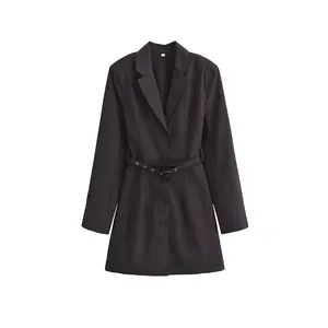 Women Elegant Blazer Dress Long Sleeve Lapel Collar Belted Slim Fit Solid Color Mini Office Dress Professional Fashion Clothing