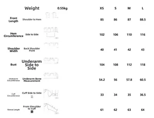 Detailed size chart with measurements for the short trench coat and jacket including XS-L