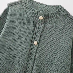 Women's crewneck knit cardigan in sage green with decorative gold metal buttons