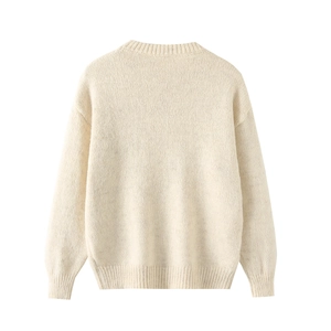 Back view showing ribbed neckline and cuff texture of women's knit sweater