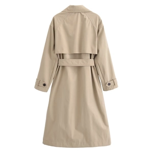 Back view of women's long khaki trench coat with adjustable belt and storm flap detail