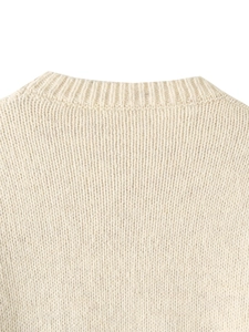 Close-up of ribbed crew neck and thick knit texture on cream-white fashion sweater