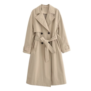 Classic khaki double-breasted trench coat for women with belted waist and stylish cuff straps