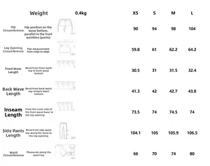 Detailed size guide table for women's street style pleated straight trousers in XS to L