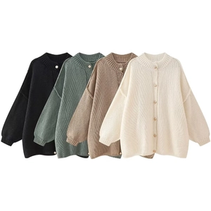 Chic round neck knit cardigan with metallic buttons in black, green, brown and beige