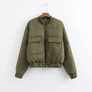 Damen Street Fashion Gesteppte Bomberjacke Utility-Taschen Solid Armeegrün Reißverschluss Puffer Jacke Casual Mantel