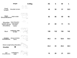 Tableau des tailles détaillé pour veste à capuche femme avec mesures de XS à L
