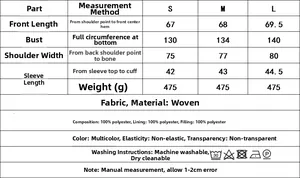 Detailed size chart for street fashion padded jacket with S, M, L measurements