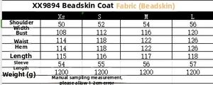 Size chart for women's wool coat with measurements for shoulder, chest, and length