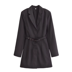 Elegant black long sleeve blazer dress with a belted waist and classic notched lapel