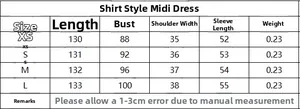 Size chart for women's midi shirt dress listing length chest shoulder and sleeve metrics