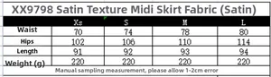 Size chart for high waisted satin midi skirt including waist and hip measurements