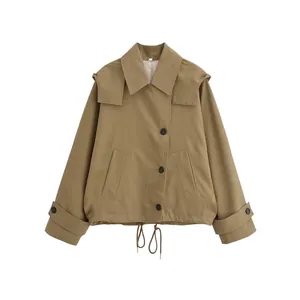 Trench Casual da Donna con Cappuccio Khaki Giacca a Vento con Coulisse Streetwear Moda Capispalla per Autunno Inverno