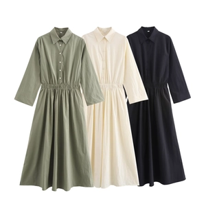Detailed view of long sleeve midi shirt dresses in green, beige and black fabric colors