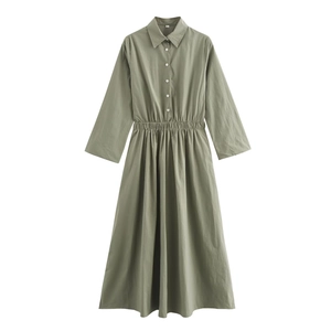 Detailed flat lay of olive green shirt dress with button-up front and elastic waist