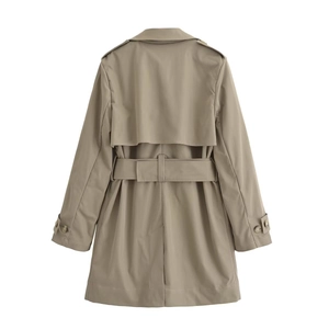 Women's khaki trench coat with adjustable waist belt and classic epaulettes back view