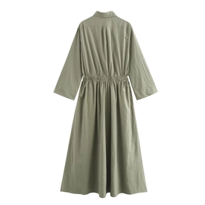 Rear view of an olive green midi shirt dress featuring elastic waist and gathered pleats