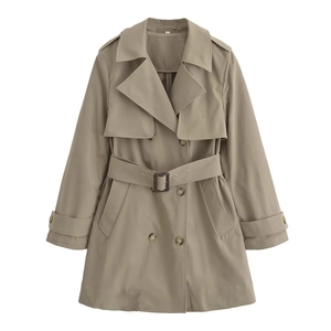 Women's khaki double-breasted trench coat with waist belt and lapel collar design