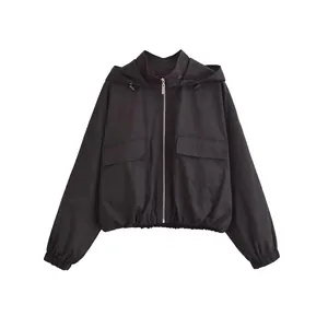 Veste Décontractée à Capuche pour Femme Couleur Unie Coupe-vent avec Zip et Grandes Poches Automne Hiver Streetwear Haut Mode