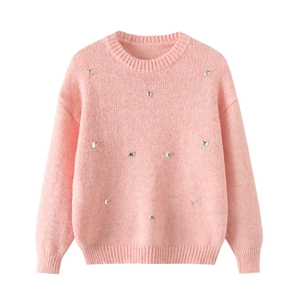 Pink crewneck knit sweater for women featuring decorative silver rhinestones on the front