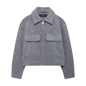 Women's chic grey wool blend cropped jacket with front zip and chest pockets