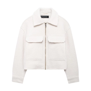 Women's white fuzzy fleece cropped jacket with zipper closure and large front pockets