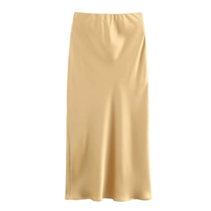 Elegant champagne satin high waist midi skirt with a glossy finish and fishtail silhouette