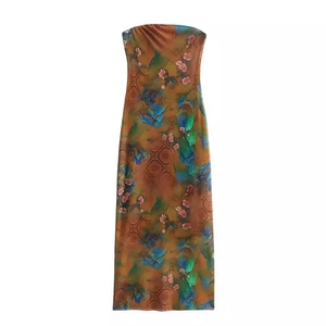 Elegantes rückenfreies Maxikleid mit Vintage-Erdton-Drucken und Blumenmustern