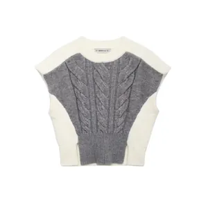 Women's Casual Cable Knit Patchwork Knitted Vest Round Neck Sleeveless Sweater Waistcoat Top For Autumn Winter