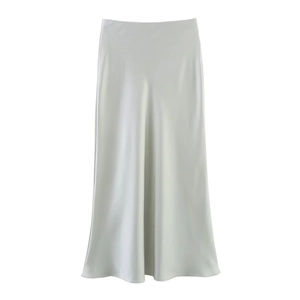 Detailed view of high-waisted silver satin midi skirt with elegant glossy draping fabric