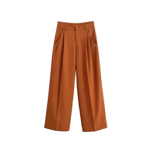 Women High Waist Wide Leg Trousers Casual Pleated Straight Pants Burnt Orange Street Style Loose Fit Streetwear Bottoms