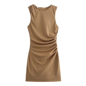Elegant khaki sleeveless knit dress with side ruching and pleated details for women