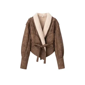 Women Faux Suede Shearling Jacket Vintage Turn Down Collar Lace Up Belted Jacket Retro Streetwear Warm Winter Coat