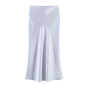 Elegant high waist silver satin midi skirt with glossy finish and fluid A-line silhouette