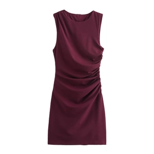 Elegant burgundy sleeveless knit dress with pleated side ruching and slim fit design