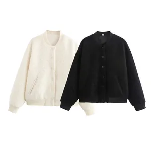Women's Casual Granular Velvet Bomber Jacket Snap Button Loose Solid Long Sleeve Warm Winter Outerwear Streetwear Coat