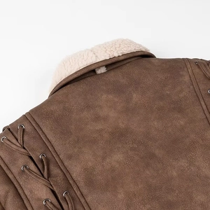Women's brown suede jacket with faux fur collar and lace-up sleeve detailing