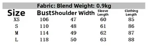 Detailed size chart for women faux fur coat with chest and sleeve measurements in centimeters