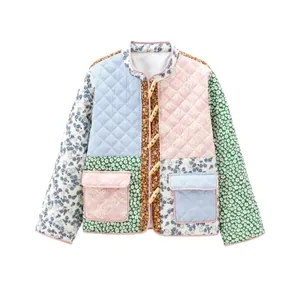 Women Vintage Patchwork Quilted Jacket Floral Print Toggle Button Loose Stand Collar Lightweight Cotton Padded Coat Outwear