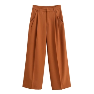 Women's autumn casual loose pleated wide leg pants in high waist dark orange color