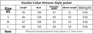 Detailed size chart for street fashion double-breasted kimono jacket from XS to L