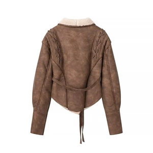 Women's brown faux suede jacket with fleece lining and back lace-up detail