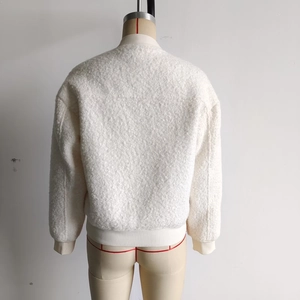 Women's trendy off-white sherpa bomber jacket with ribbed cuffs and loose fit back view