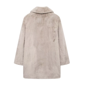 Detailed back view of a plush light grey faux fur coat with a wide turn-down collar