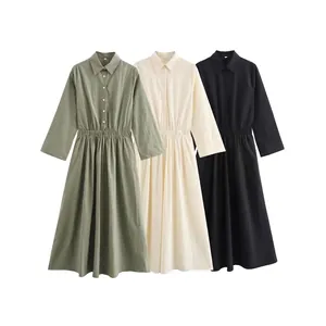 Women's Elegant Long Sleeve Shirt Midi Dress Solid Color Button Down Lapel Elastic Waist A-Line Casual Office Midi Dress