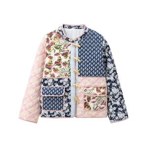 Women's vintage patchwork quilted jacket with floral patterns and toggle buttons