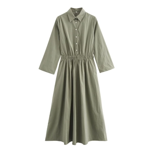 Olive green long sleeve midi shirt dress with button-up collar and elastic waist